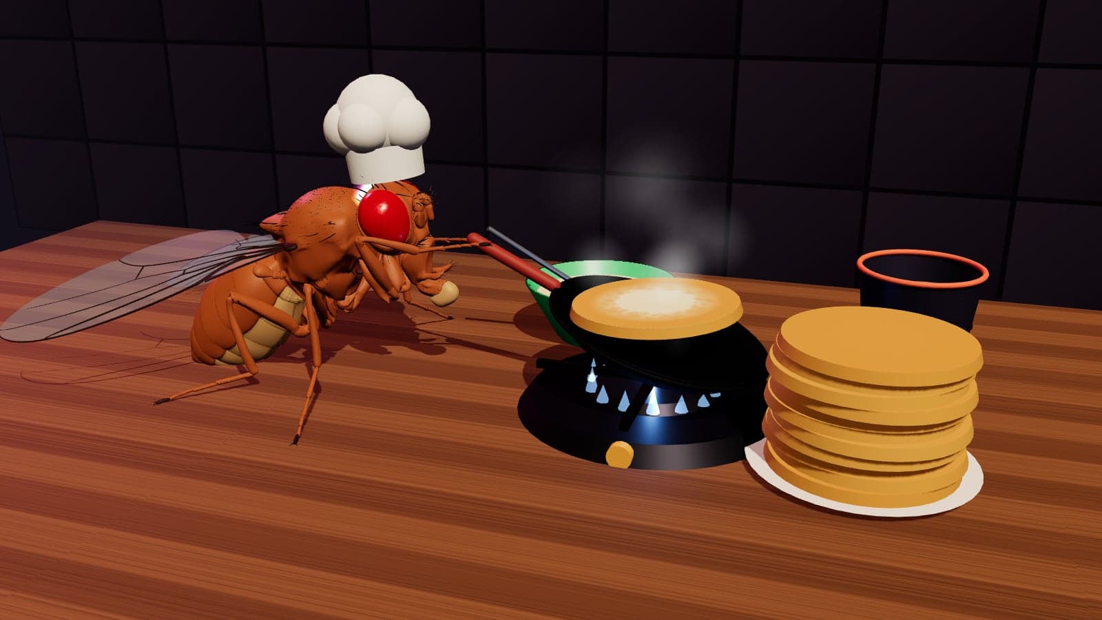 La Mosca Panquequera: una mosca con gorro de cocinero junto a la sartén